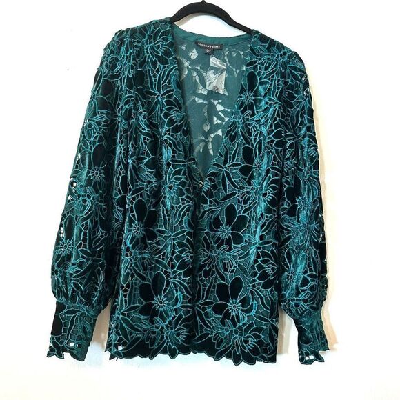 NWT Boston Proper Velvet Floral Lace Hip Length Duster Emerald Jacket Small - Picture 1 of 5